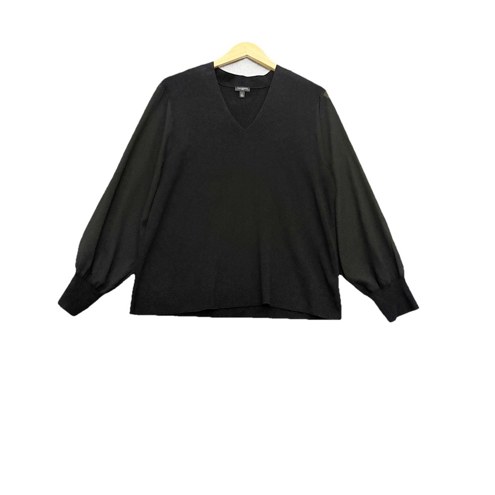 Talbots Sweater Size 1X Sheer Sleeve Black Knit Office‎ Career Event Long Sleeve